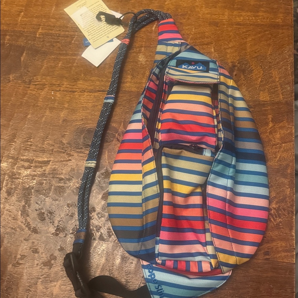 Kavu Striped Rope Sling Bag - Blue, Pink, Yellow, Tan